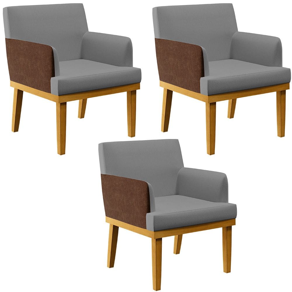 Kit 3 Poltronas Decorativas Sala Estar Beatriz W01 Linho Cinza Escuro Couríssimo Marrom - Lyam Decor