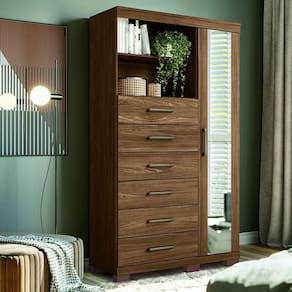 Cômoda Multiuso 1 Porta 6 Gavetas Com Pés E Espelho Marabá Santos Andirá Jatoba
