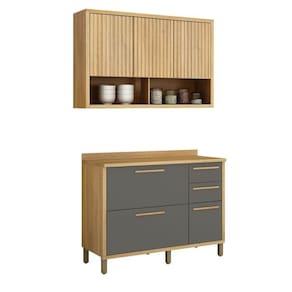 Conjunto de Cozinha Balcão 3 Portas 2 Gavetas e Armário Aéreo 120cm 3 Portas Ripado Torino Cinamomo/Grafite