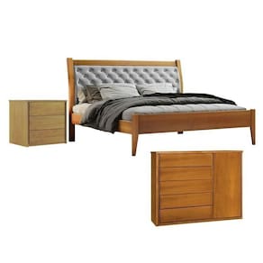 Conjunto Cama Casal Queen 160cm Vivare, Cômoda 5 Gavetas Unique e Mesa de Cabeceira Unique Amêndoa Mel/Cinza Claro