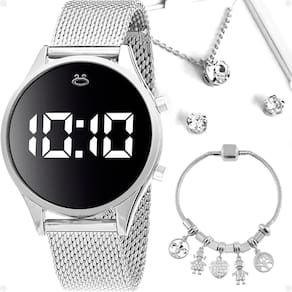relogio feminino digital prata aço + colar + caixa + brincos