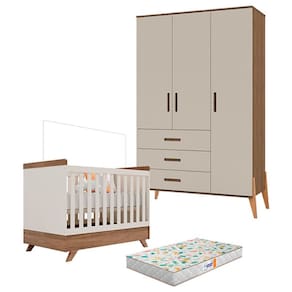 Berço Americano Retro Vitória e Guarda Roupa Infantil Emilly 3 Portas Off White Carvalho com Colchão Gazin - Canaã