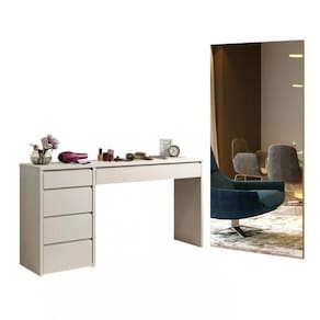 Conjunto Escrivaninha 5 Gavetas Berlim e Espelho Decorativo 180x90cm Retangular Branco/Off White