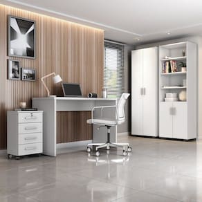 Conjunto Home Office 4 Peças com Escrivaninha Gávea, Gaveteiro e 2 Armários Espresso Móveis Branco