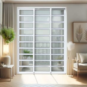 Porta de Correr com Travessas 3 Folhas Moveis Sequenciais 210 X 180 Elite com Fecho Automático Vidro Branco