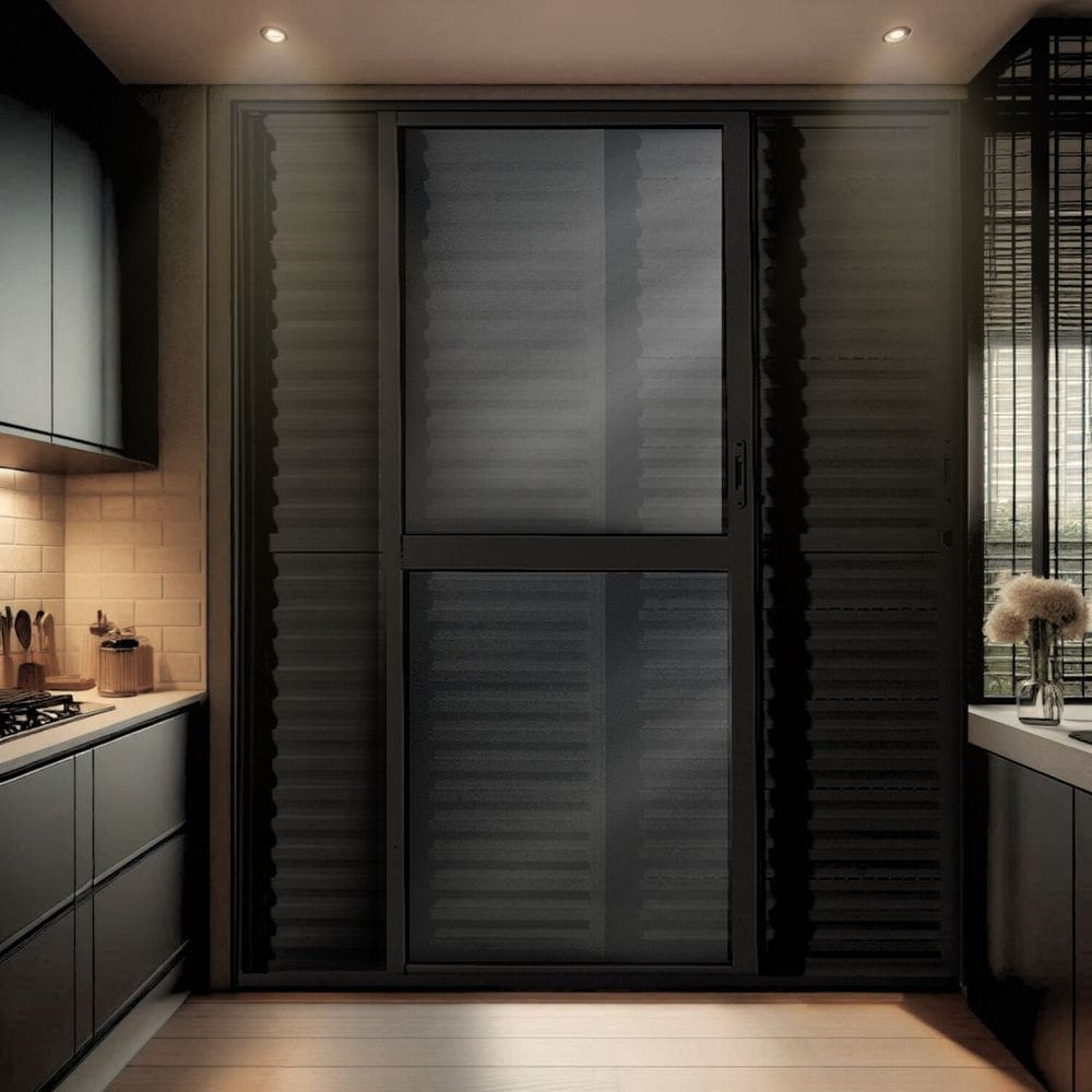 Porta Balção de Aluminio 210x160cm 2 Folhas Moveis e 1 Folha Fixa Crv Preto