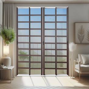 Porta de Correr com Travessas 4 Folhas Moveis 210 X 240 Elite com Fecho Automático Vidro Reflex Mix Corten