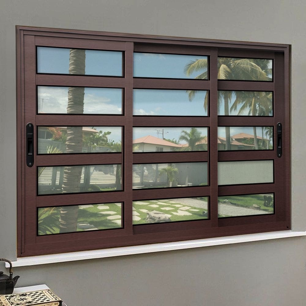 Janela Elite com Travessas 3 Folhas Moveis Sequenciais 120 X 240 Vidro Liso Corten