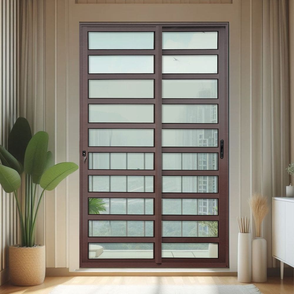 Porta de Correr com Travessas 2 Folhas Moveis 210 X 200 Elite com Fechadura Tetra Vidro Liso Corten