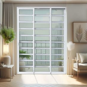 Porta de Correr com Travessas 3 Folhas Moveis Sequenciais 210 X 240 Elite com Fechadura Tetra Vidro Branco