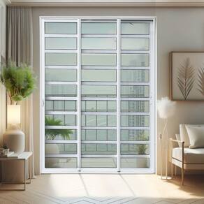 Porta de Correr com Travessas 3 Folhas Moveis Sequenciais 210 X 200 Elite com Fechadura Tetra Vidro Branco