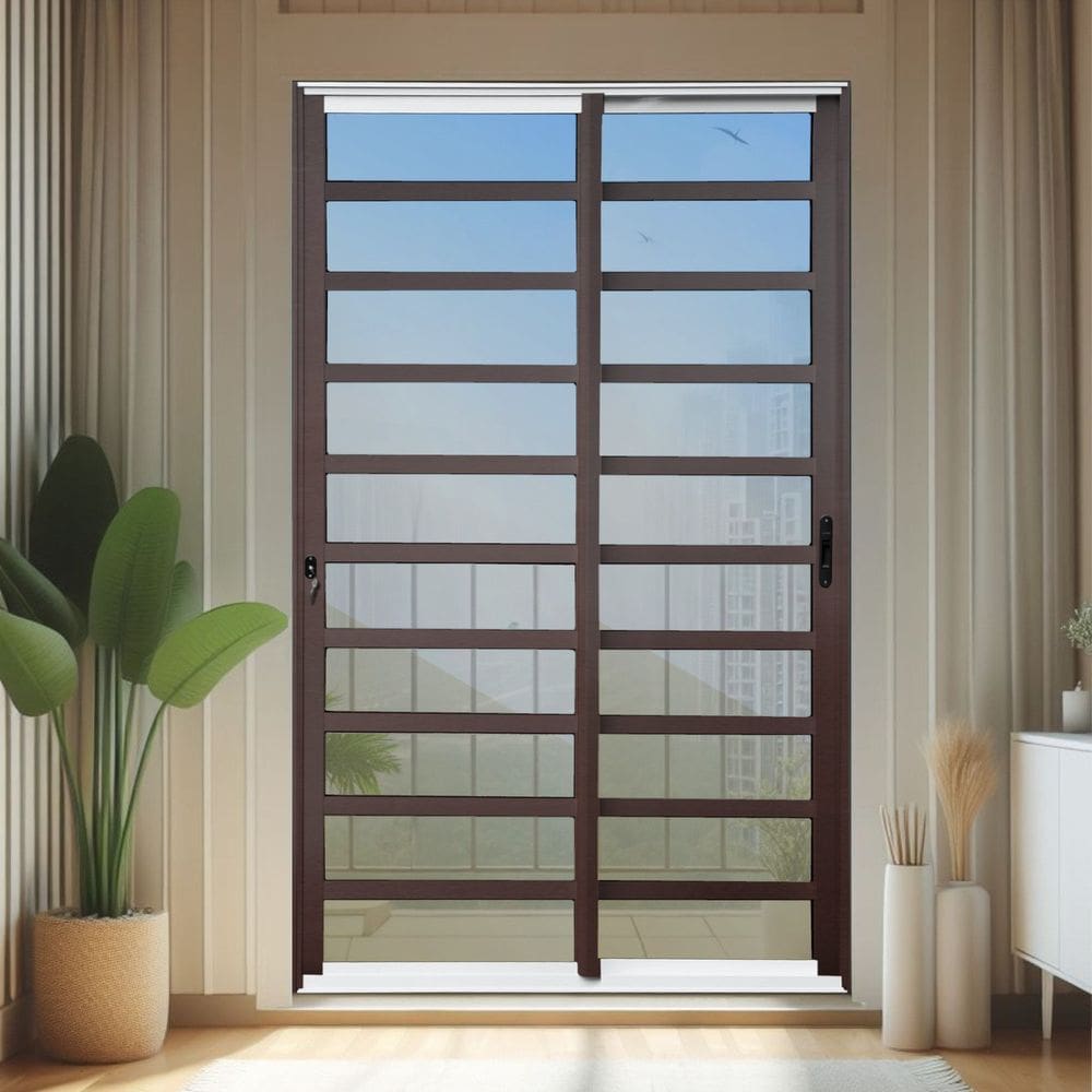 Porta de Correr com Travessas 2 Folhas Moveis 210 X 200 Elite com Fechadura Tetra Vidro Reflex Mix Corten