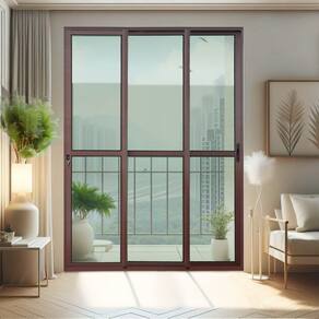 Porta de Correr 3 Folhas Moveis Sequenciais 210 X 120 Elite com Fechadura Tetra Vidro Liso Corten