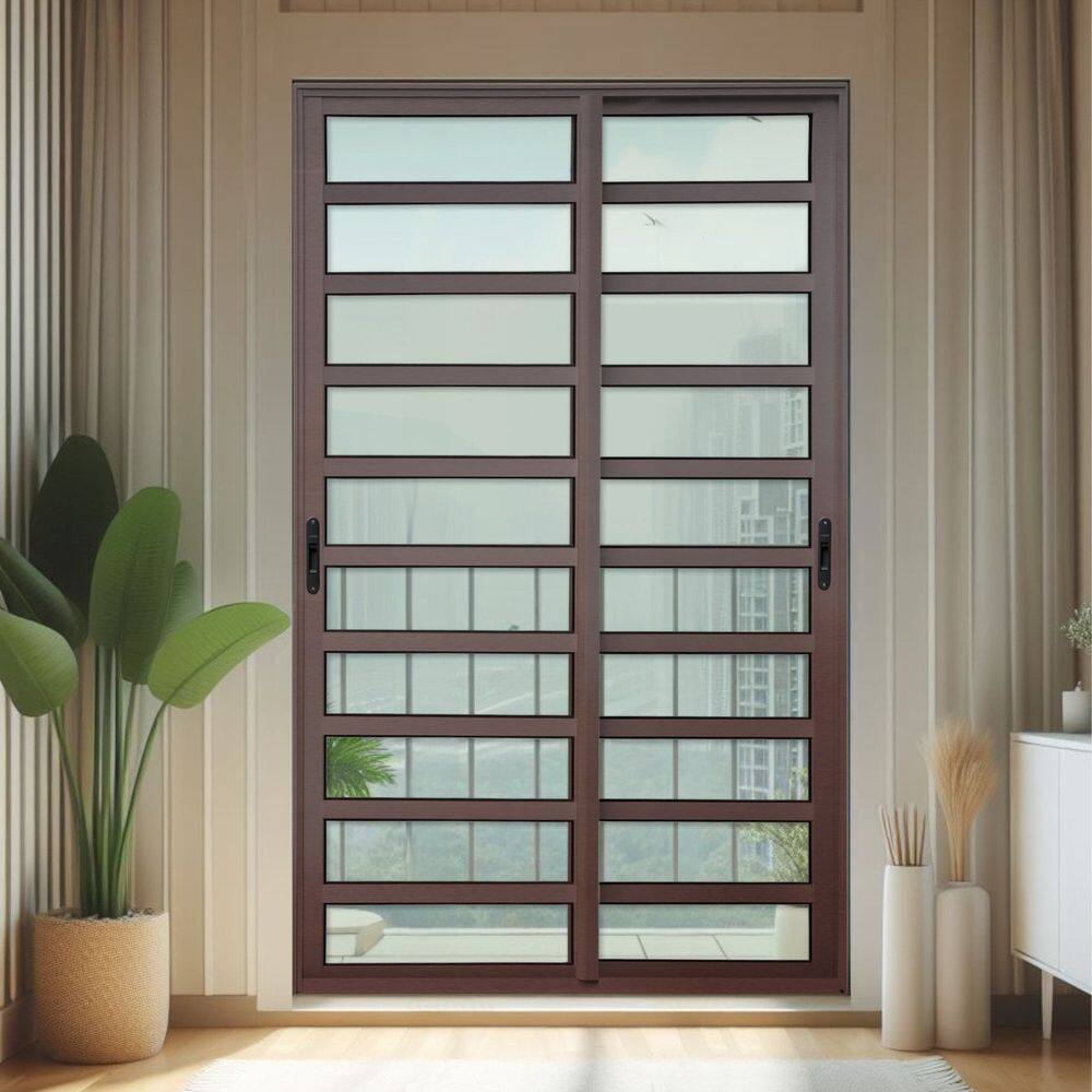 Porta de Correr com Travessas 2 Folhas Moveis 210 X 120 Elite com Fecho Automático Vidro Liso Corten