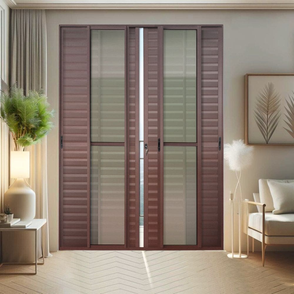 Porta de Correr Venez. 6 Folhas Moveis 210 X 200 Elite com Fechadura Tetra Vidro Liso Corten