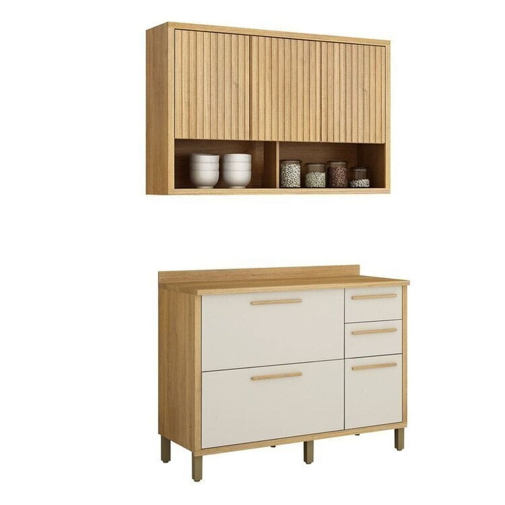 Conjunto de Cozinha Balcão 3 Portas 2 Gavetas e Armário Aéreo 120cm 3 Portas Ripado Torino Cinamomo/Off White