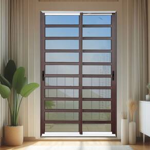Porta de Correr com Travessas 2 Folhas Moveis 210 X 120 Elite com Fecho Automático Vidro Reflex Mix Corten