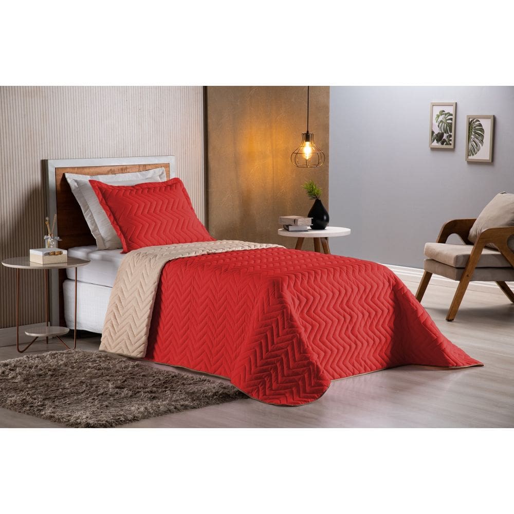 Colcha Cobre Leito Cama de Solteiro 2 pç Dupla Face Acolchoado Microfibra Vermelho e Bege