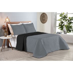 Colcha Cobre Leito Cama Queen 3 pç Dupla Face Acolchoado Microfibra Cinza e Preto