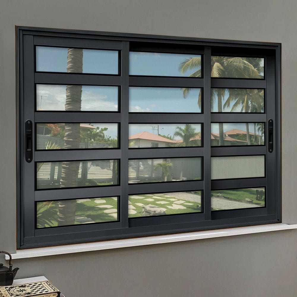 Janela Elite com Travessas 3 Folhas Moveis Sequenciais 100 X 200 Vidro Liso Preto