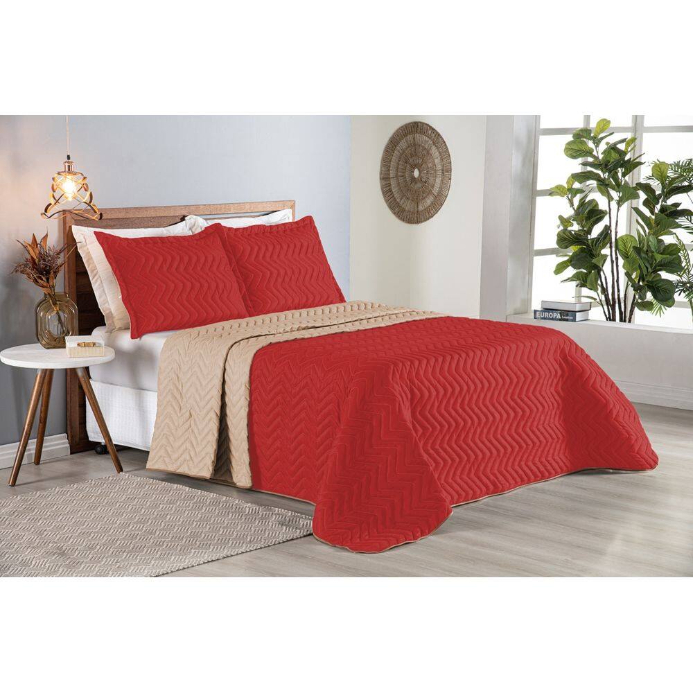 Colcha Cobre Leito Cama de Casal 3 pç Dupla Face Acolchoado Microfibra Vermelho e Bege