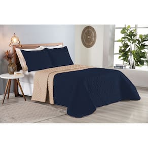 Colcha Cobre Leito Cama Queen 3 pç Dupla Face Acolchoado Microfibra Azul Marinho e Bege
