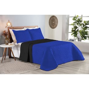 Colcha Cobre Leito Cama Queen 3 pç Dupla Face Acolchoado Microfibra Azul Royal e Preto