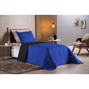 Colcha Cobre Leito Cama de Solteiro 2 pç Dupla Face Acolchoado Microfibra Azul Royal e Preto