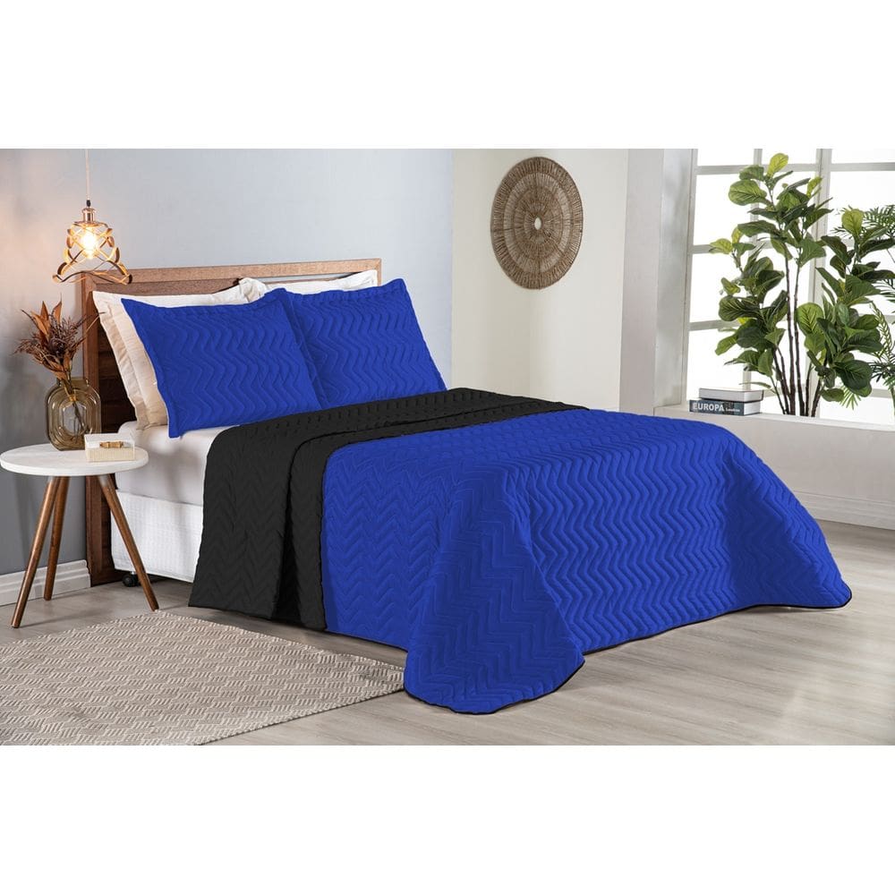 Colcha Cobre Leito Cama de Casal 3 pç Dupla Face Acolchoado Microfibra Azul Royal e Preto