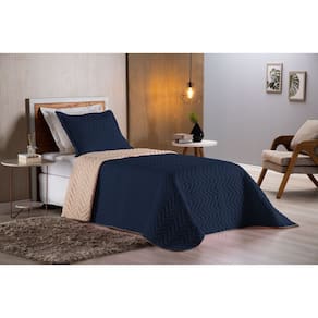 Colcha Cobre Leito Cama de Solteiro 2 pç Dupla Face Acolchoado Microfibra Azul Marinho e Bege