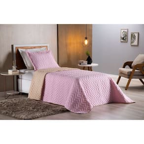 Colcha Cobre Leito Cama de Solteiro 2 pç Dupla Face Acolchoado Microfibra Rosa e Bege