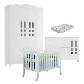 Quarto de Bebê New Selena 4 Portas com Berço Lila e Cômoda Gran Selena Branco Brilho e Colchão Gazin – Carolina Móveis