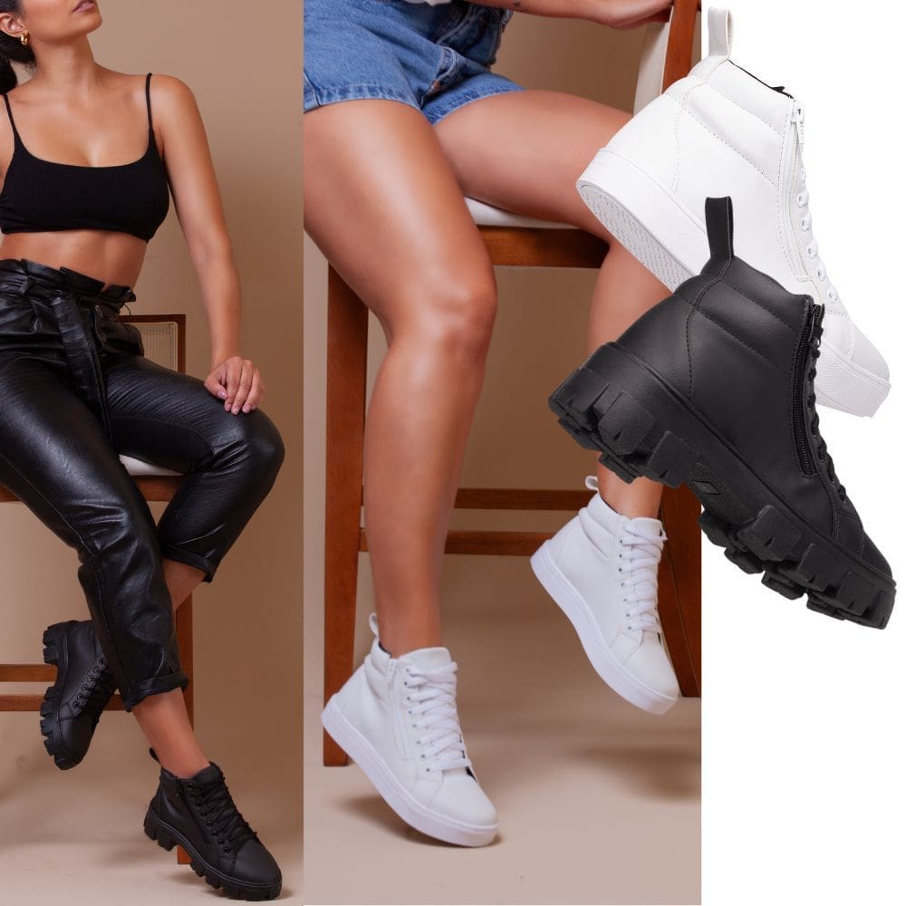Kit Tênis Feminino De Cano Longo Branco Para Um Toque Moderno + Coturno Feminino Tratorado Preto.