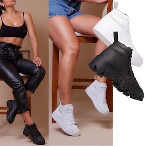 Kit Tênis Feminino De Cano Longo Branco Para Um Toque Moderno + Coturno Feminino Tratorado Preto.