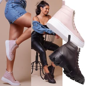 Kit Bota Feminina: Um Par Rosa Plataforma Para Um Toque Feminino +1 Par Marrom Tratorado.