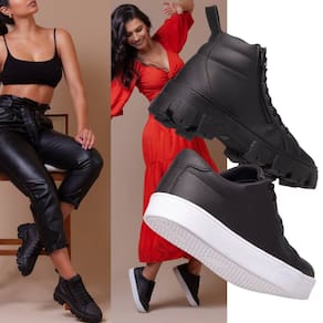 Kit Tênis E Bota Feminina Para Um Guarda-Roupa Versátil, 1 Coturno Preto + 1 Tenis Casual Preto.