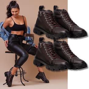 Kit Conforto Feminino, 2 Pares De Coturno Marrom, Sola Borracha Antiderrpante, Elegância.