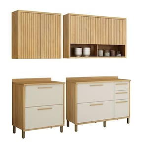 Conjunto de Cozinha 2 Armários Aéreo Ripado e 2 Balcões Torino Cinamomo/Off White