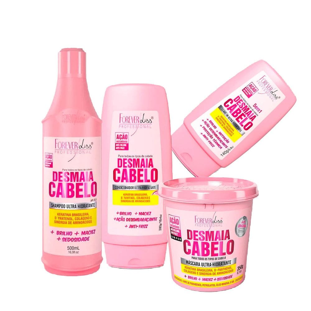 Kit Desmaia Cabelo Shampoo Condicionador Leave, Máscara 350g