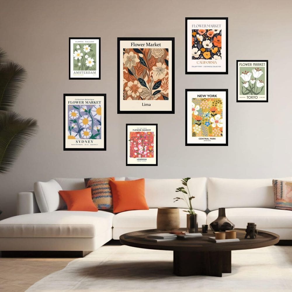 Kit 7 Quadros Decorativos Flower Market - Com Vidro