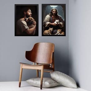 Kit 2 Quadros Jesus Com Cães E Gatos 24X18Cm
