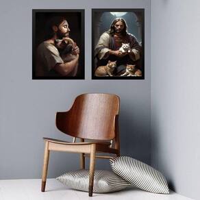 Kit 2 Quadros Jesus Com Cães E Gatos 45X34Cm