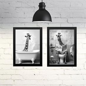 Kit 2 Quadros Divertidos Banheiro - Girafas 45X34Cm - Vidro