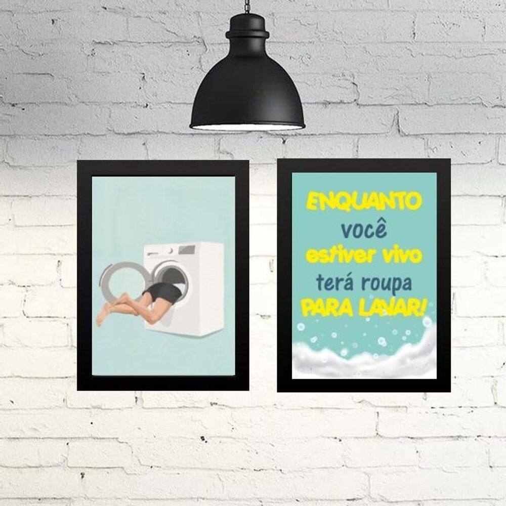 Kit 2 Quadros Divertidos Para Lavanderia 45X34Cm - Com Vidro