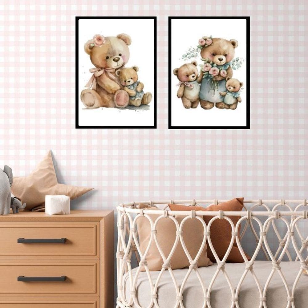 Kit 2 Quadros Quarto Bebê Ursinha Vintage 24X18Cm - Vidro