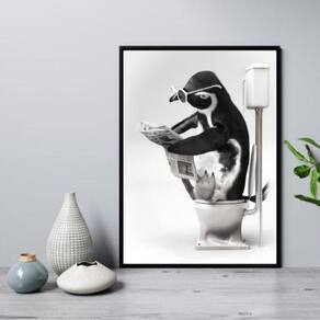 Quadro Para Banheiro Pinguim No Vaso 33X24Cm - Com Vidro