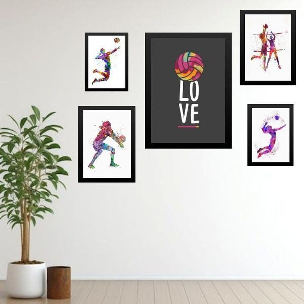 Kit 5 Quadros Decorativos Vôlei - Love - Com Vidro