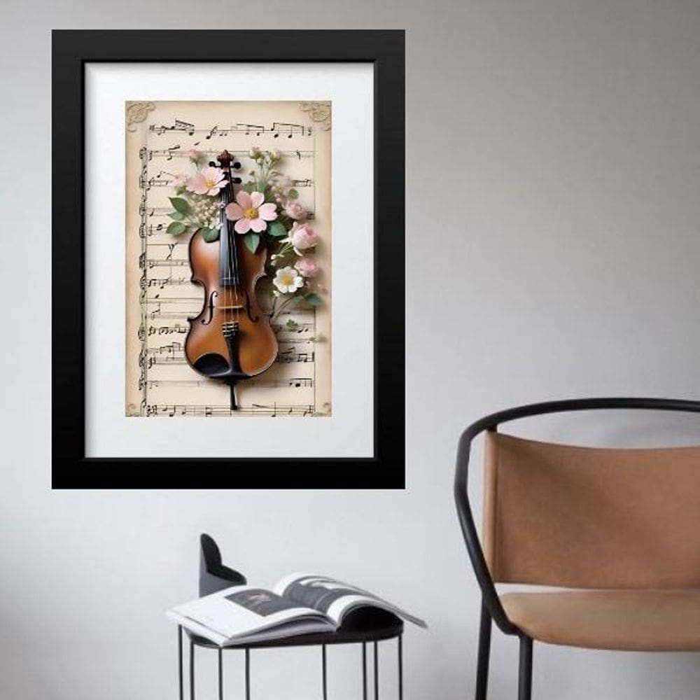Quadro Vintage Violino Flores - 60X48Cm