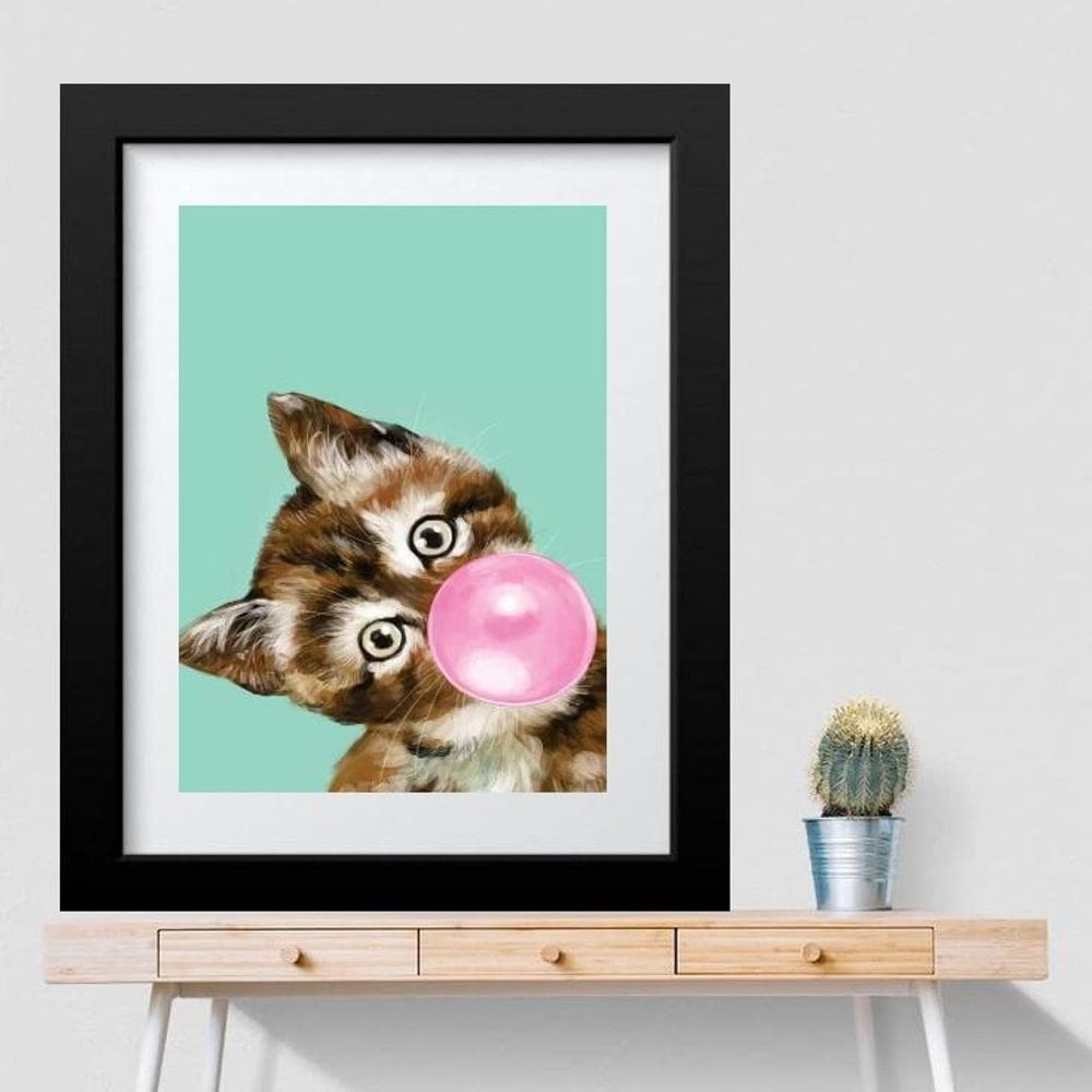 Quadro Gato Chiclete Rosa - 60X48Cm