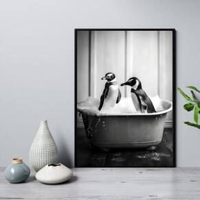 Quadro Para Banheiro Casal De Pinguins 33X24Cm - Com Vidro